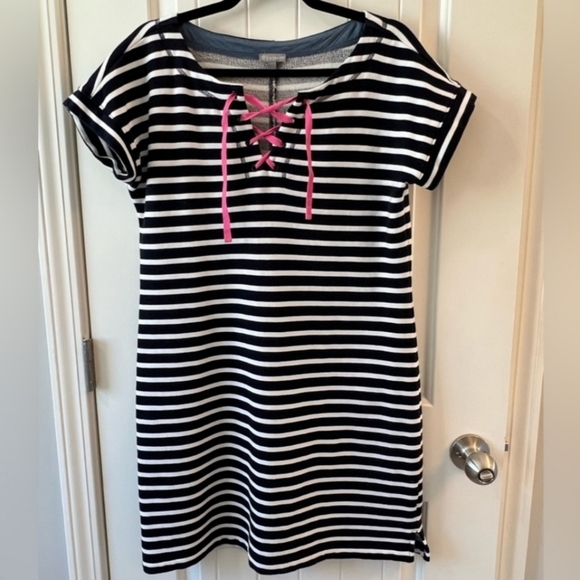 T by Talbots Terry Dress Black White Stripe Pink Lace Up Front Women's Size XS - Picture 4 of 7